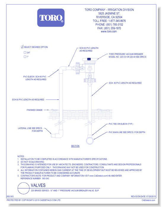 220 Brass Series - ¾" and 1" Pressure Vacuum Brealer Valve, Slip