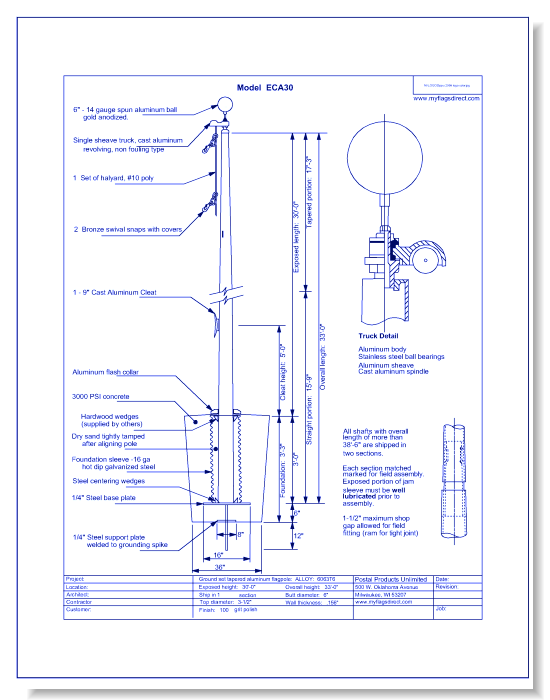 ECA-30 Satin Aluminum Flagpole with Standard Accessories (320341) - 30' High