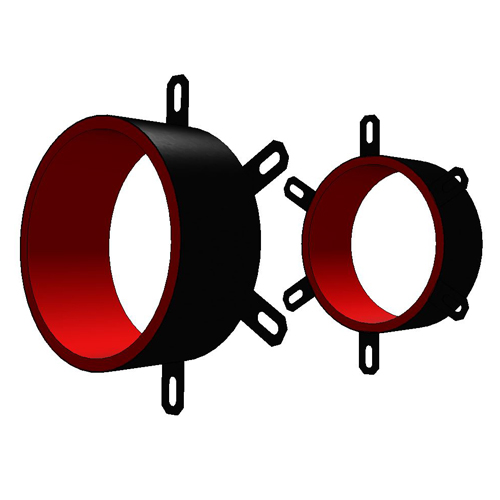 RED Wrap Strip Collar on 6" plastic pipes through wall