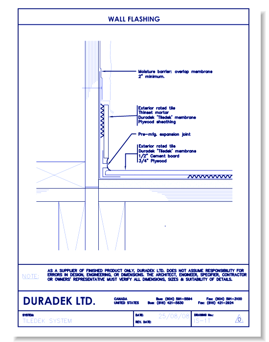 Tiledek Details Drawings:  Wall Flashing: IS-1T