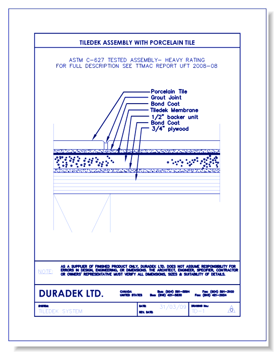 Tiledek Assembly Details:  Assembly with Porcelain Tile – TD-1