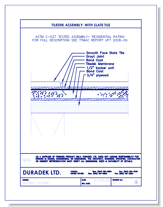 Tiledek Assembly Details:  Assembly with Slate Tile – TD-2