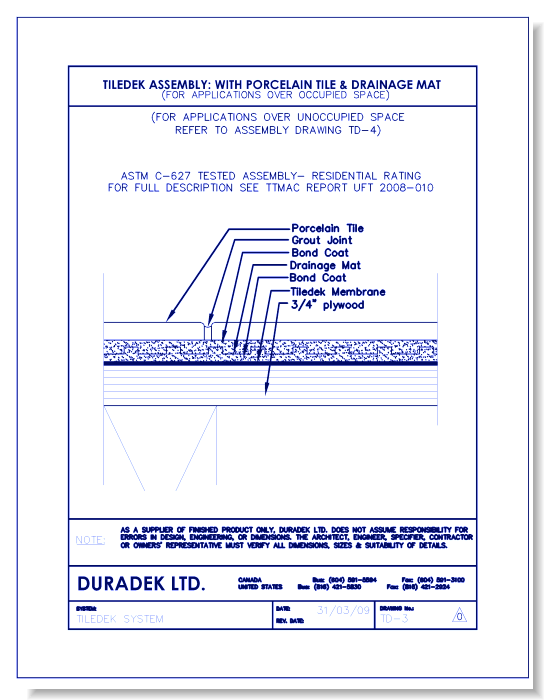 Tiledek Assembly Details:  Assembly with Porcelain Tile& Drainage Mat – TD-3