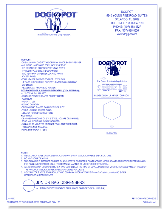 Aluminum DOGIPOT® Header Park Junior Bag Dispenser ( 1002HP-4 )