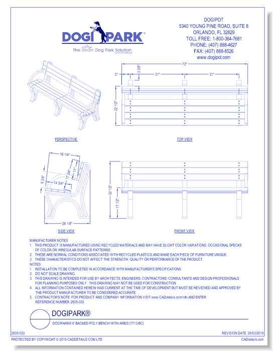 DOGIPARK® 6' Backed Poly Bench with Arms ( 7713-BC )