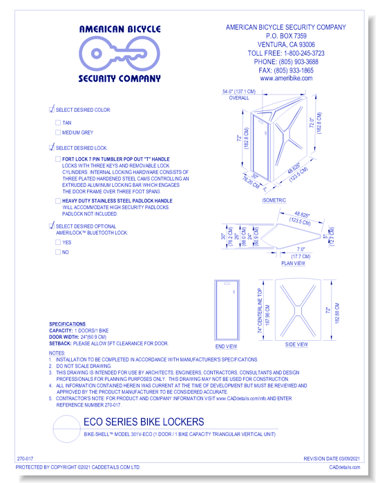 Bike-Shell™ Model 301V-ECO (1 Door / 1 Bike Capacity Triangular Vertical Unit)