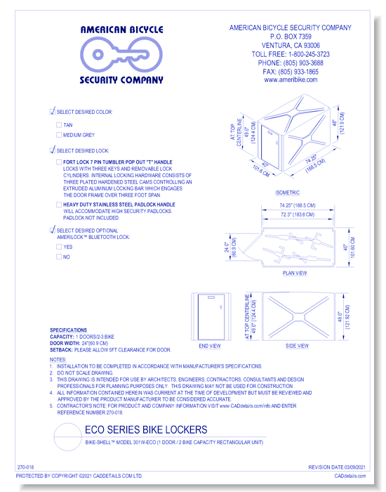 Bike-Shell™ Model 301W-ECO (1 Door / 2 Bike Capacity Rectangular Unit)