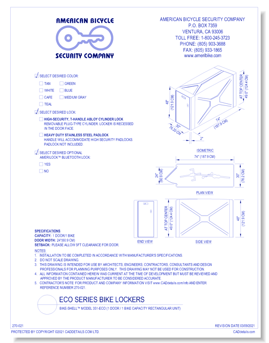 Bike-Shell™ Model 351-ECO (1 Door / 1 Bike Capacity Rectangular Unit)