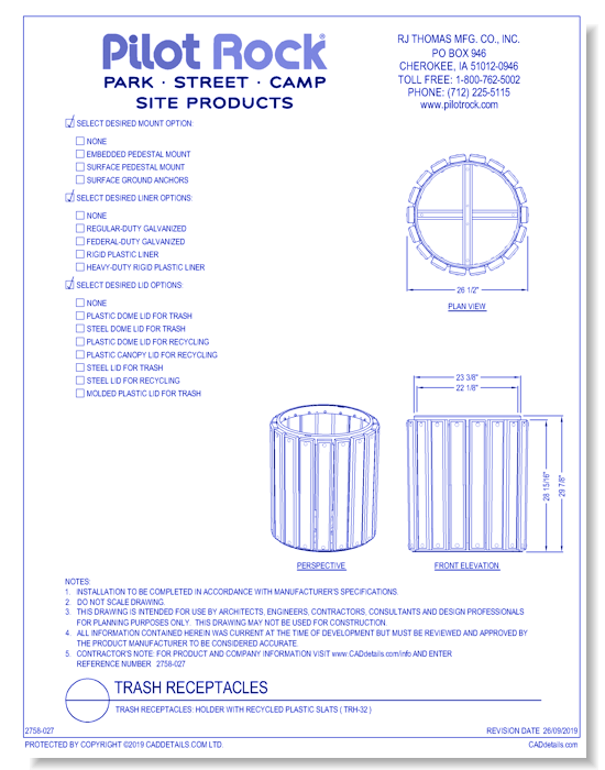 Trash Receptacles: Holder with Recycled Plastic Slats ( TRH-32 )