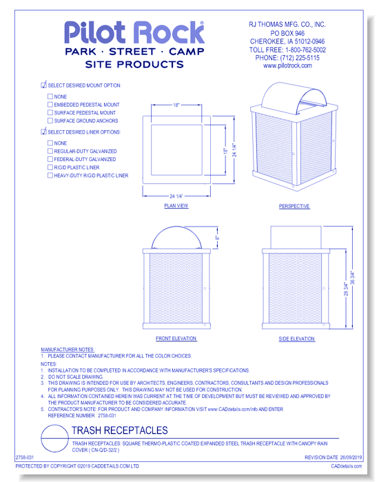 Trash Receptacles: Square Thermo-plastic Coated Expanded Steel Trash Receptacle with Canopy Rain Cover ( CN-Q )