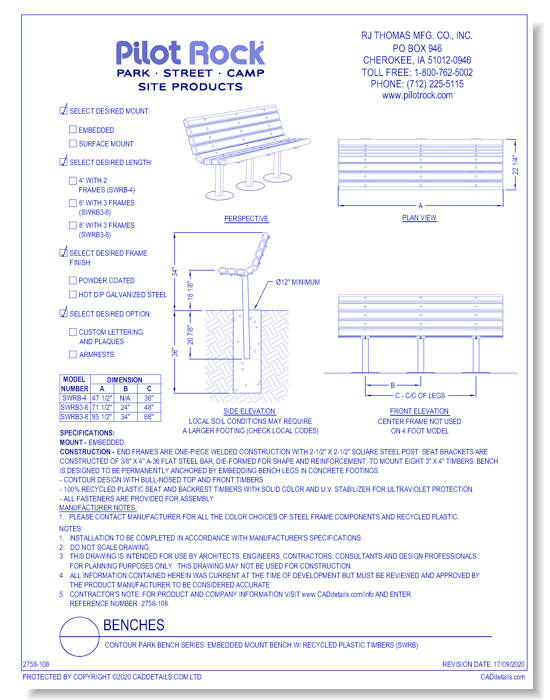Contour Park Bench Series: Embedded Mount Bench w/ Recycled Plastic Timbers (SWRB)