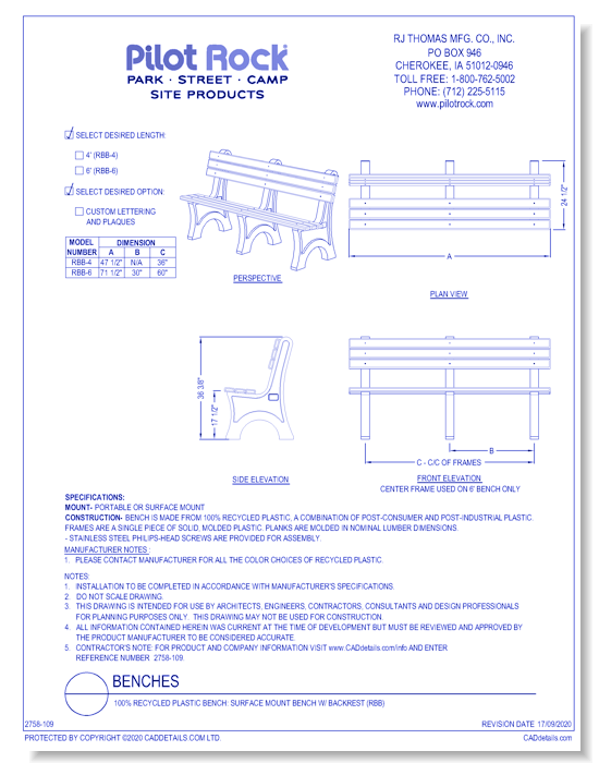 100% Recycled Plastic Bench: Surface Mount Bench w/ Backrest (RBB)
