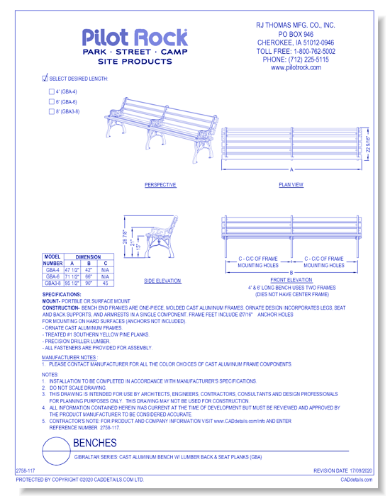 Gibraltar Series: Cast Aluminum Bench w/ Lumber Back & Seat Planks (GBA)