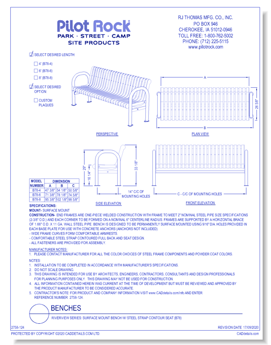 Riverview Series: Surface Mount Bench w/ Steel Strap Contour Seat (B78)