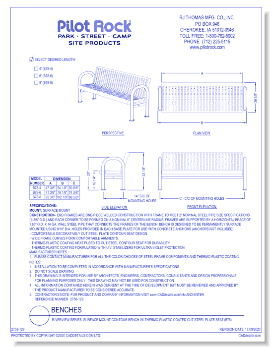 Riverview Series: Surface Mount Contour Bench w/ Thermo-Plastic Coated Cut Steel Plate Seat (B78)
