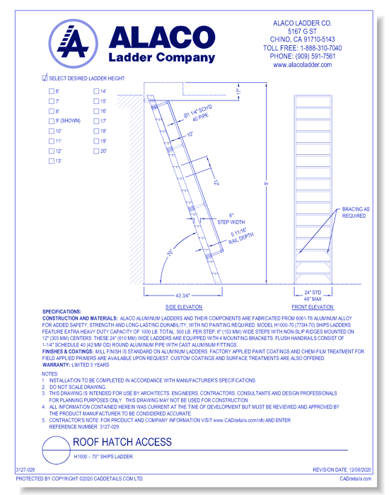 Roof Hatch Access: H1000 – 70° Ships Ladder