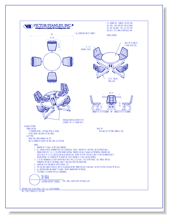 Model N-364: 36 in (914 mm) tabletop, 4 seats w/backs