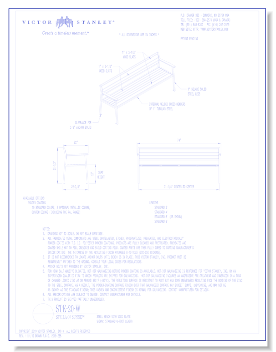 Model STE-20-W: Stell Bench, Wood Slats - 6ft