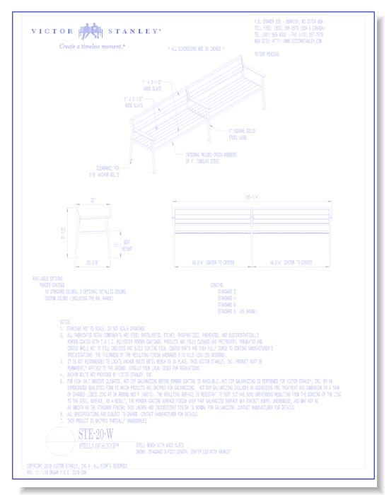 Model STE-20-W: Stell Bench, Wood Slats, Center Leg with Armrest