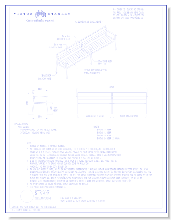 Model STE-20-F: Stell Bench, Horizontal Steel Slats, Center Leg with Armrest