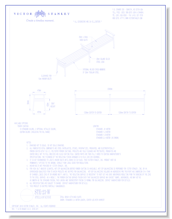 Model STE-23-W: Stell Backless Bench, Wood Slats, Center Leg with Armrest