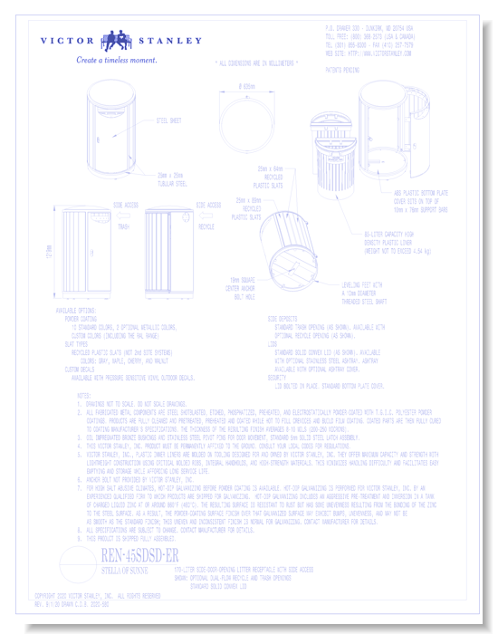 Model REN-45SDSD-ER: Stella of Sunne™ Side-Door Litter Receptacle, Dual-Flow Recycle and Trash Openings, 45 gal (170 L)