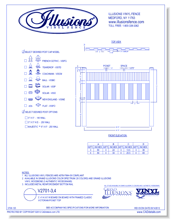 Board on Board with Framed Classic Victorian Picket Top 3', 4' H X 8' W ( V2701 )