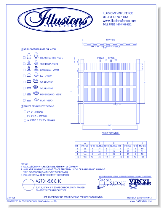 Board on Board with Framed Classic Victorian Picket Top 5', 6', 8', 10' H X 8' W ( V2701 )