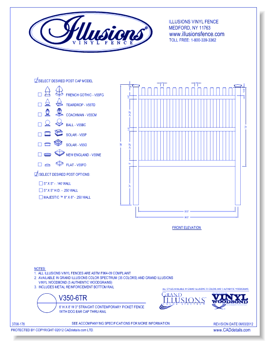 Straight Contemporary Picket Fence with Dog Ear Cap Thru-Rail  6' H X 8' W 3" ( V350 )