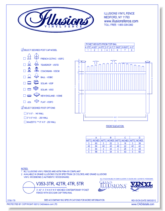 Arched Contemporary Picket Fence with Dog Ear Cap Thru-Rail 3', 42", 4', 5' H X 8' W 3" ( V353 )