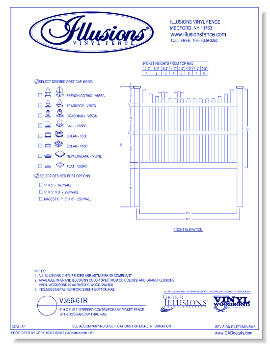 Stepped Contemporary Picket Fence with Dog Ear Cap Thru-Rail 6' H X 8' W 3" ( V356 )