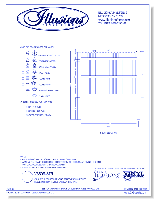 Reduced Spacing Contemporary Picket Fence with Pointed Dog Ear Cap Thru-Rail 6' H X 8' W 3" ( V350R )