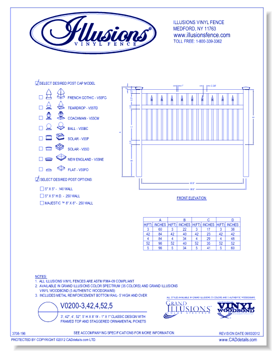 Classic Design with Framed Top and Staggered Ornamental Pickets 3', 42", 4', 52", 5' H X 8' W - 1" X 1" ( V0200 )