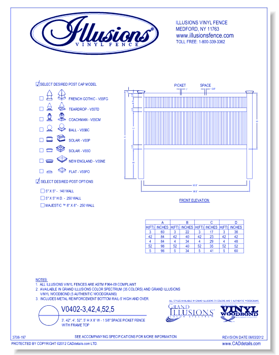 Space Picket Fence with Frame Top 3', 42", 4', 52", 5' H X 8' W - 1  5/8" ( V0402 )