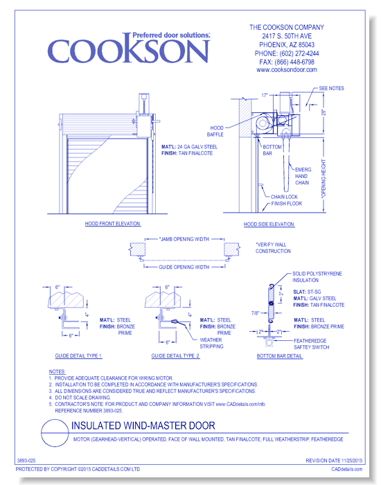 Insulated Wind-Master Door: Motor (Gearhead-Vertical) Operated, Face of Wall Mounted, Tan FinalCote, Full Weatherstrip, Featheredge