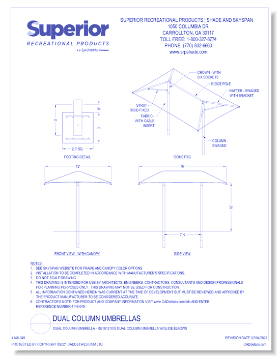16' x 12' Dual Column Umbrella with 8' Height, Glide Elbow™, and In-Ground Mount