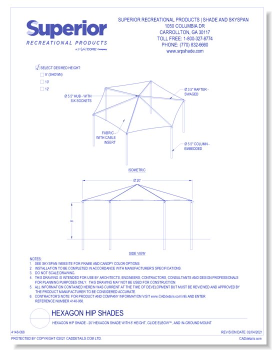 20' Hexagon Shade with 8' Height, Glide Elbow™, and In-Ground Mount