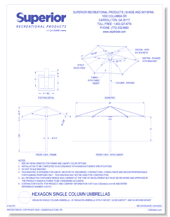 20' Hexagon Umbrella with 8' Height, Glide Elbow™, and In-Ground Mount