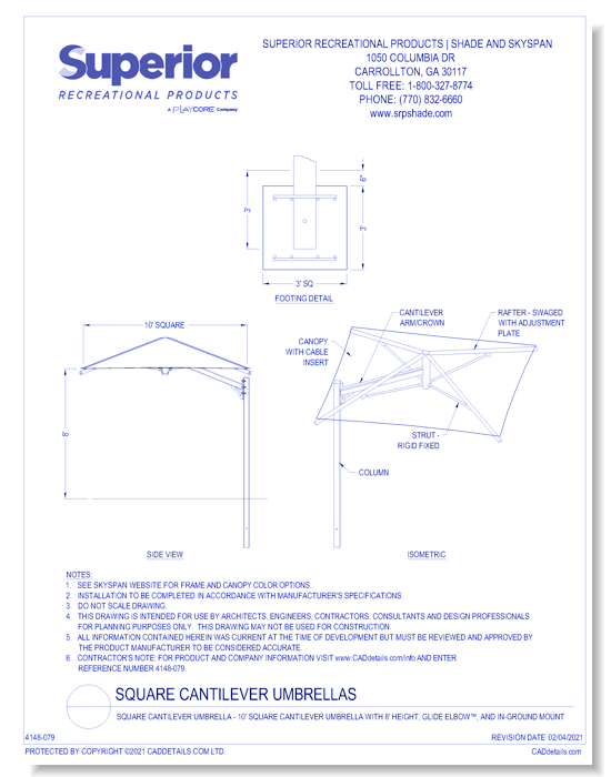 10' Square Cantilever Umbrella with 8' Height, Glide Elbow™, and In-Ground Mount