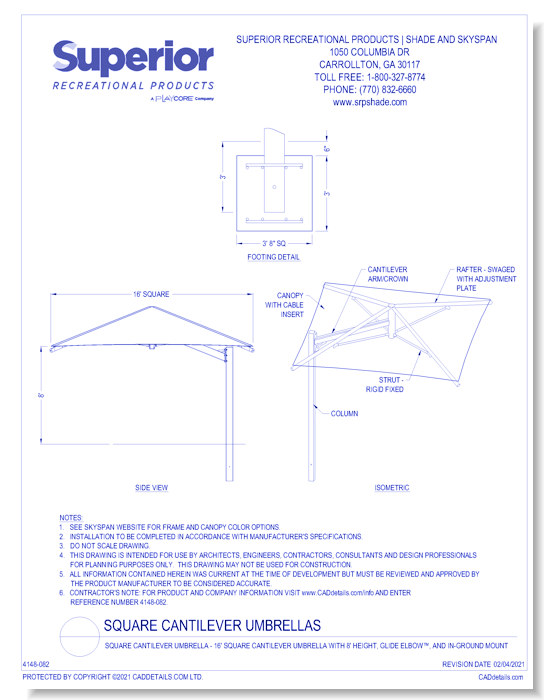 16' Square Cantilever Umbrella with 8' Height, Glide Elbow™, and In-Ground Mount