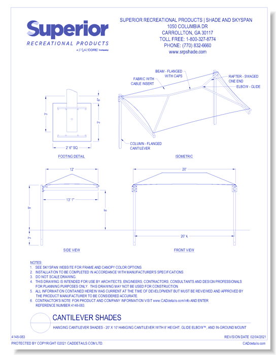 20' x 12' Hanging Cantilever with 8' Height, Glide Elbow™, and In-Ground Mount