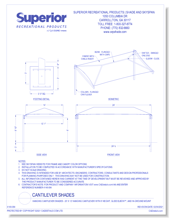20' x 10' Hanging Cantilever with 8' Height, Glide Elbow™, and In-Ground Mount 