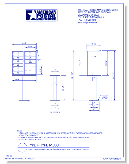 Type II CBU, no Pedestal:  Front Loading (N1027875) - 12 Doors w/ 1 Locker