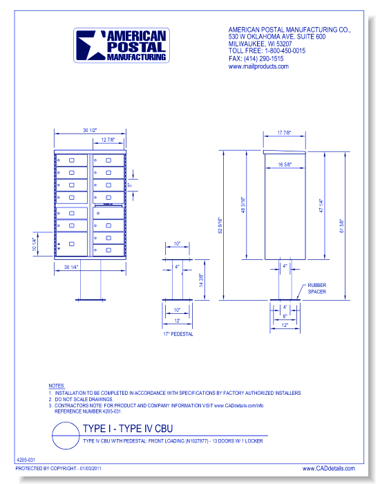 Type IV CBU, no Pedestal:  Front Loading (N1027877) - 13 Doors w/ 1 Locker