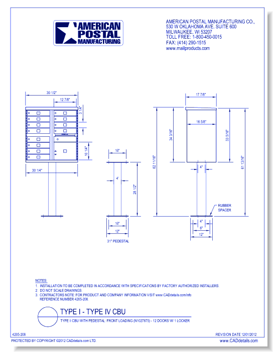 Type II CBU with Pedestal: Front Loading (N1029595) - 12 Doors w/ 1 Locker