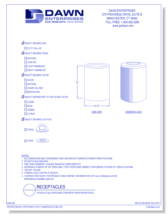 RC35R: 35 Gallon Round Concrete Waste Receptacle