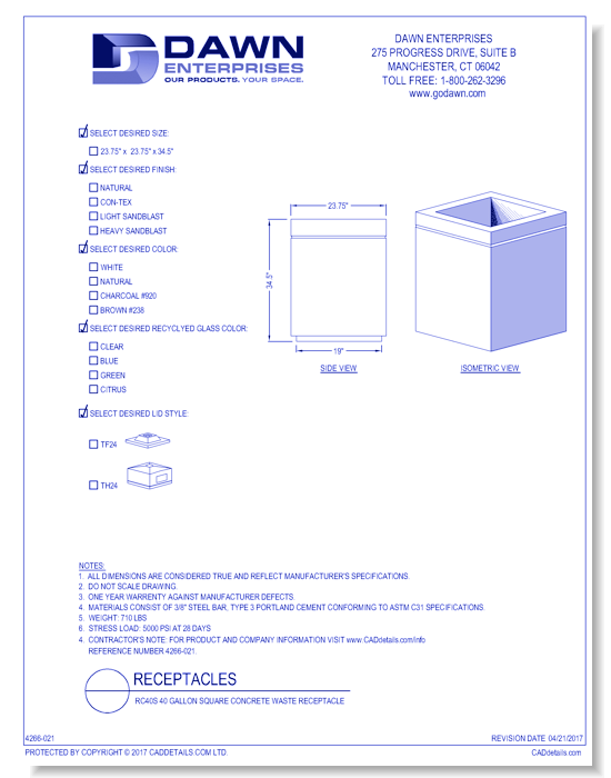 RC40S: 40 Gallon Square Concrete Waste Receptacle