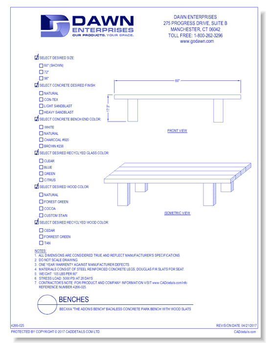 BECxxA: "The Adonis Bench" Backless Concrete Park Bench with Wood Slats