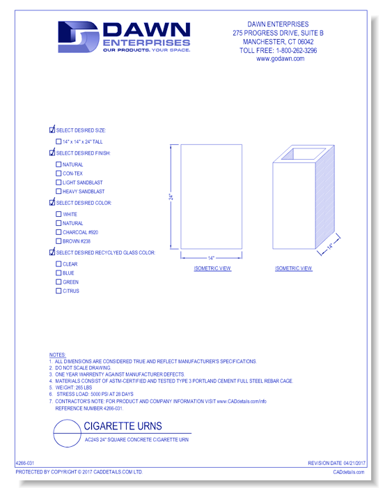 AC24S: 24" Square Concrete Cigarette Urn