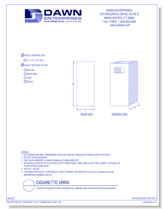 CS38S: 38" Square Stone Aggregate Combination Waste Receptacle/Ashtray